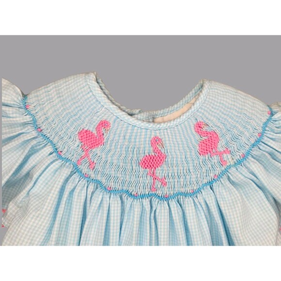 Two Scoops Girls Smocked Bishop Dress Size 6 Blue Gingham Flamingo Embroidered - Picture 3 of 9